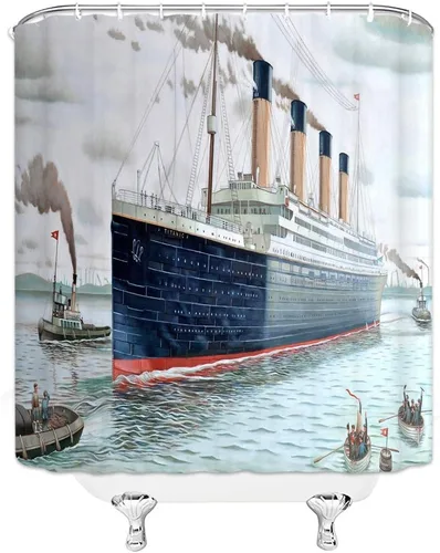 Vista 3 de Cortina de ducha de decoración náutica, retro, clásica, barco Titanic, paisaje, acuarela, arte de baño, cortinas de tela de poliéster con gancho
