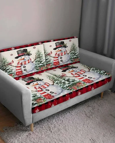 Vista 3 de Fundas de cojín para sofá de Navidad, muñeco de nieve, funda elástica para sofá con parte inferior elástica, diseño de árbol de Navidad, pájaros