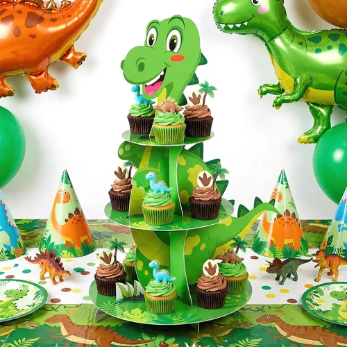 Vista 4 de Censen Soporte para cupcakes de dinosaurio de 3 niveles, decoración de fiesta con temática de dinosaurio, decoración de torre de postre