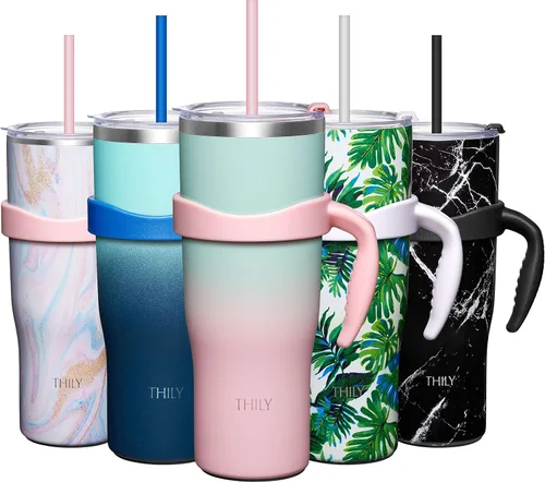 Vista 9 de THILY Vaso de 40 onzas de acero inoxidable con asa - Taza de viaje con aislamiento al vacío, tapa a prueba de salpicaduras y a prueba de fugas, 2