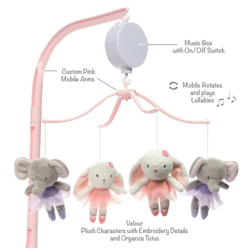 Vista 4 de Bedtime Originals Tiny Dancer - Cuna musical para bebé, color rosa, animales, elefante