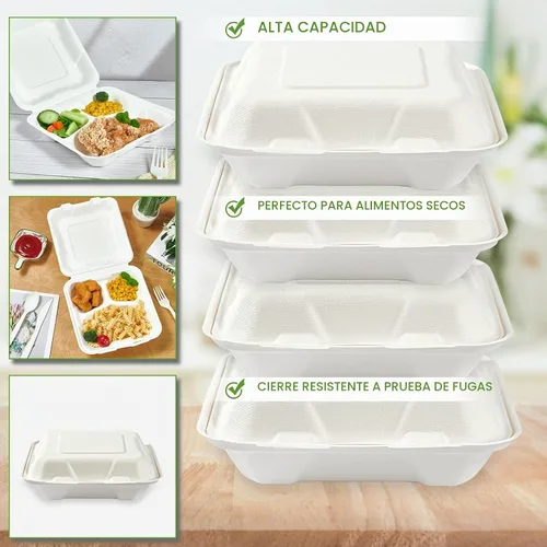 Vista 4 de Vplus Paquete de 300 Recipientes compostables para llevar con diseño de concha, de 20,3 x 20,3 cm, desechables y ecológicos, con 3 compartimentos