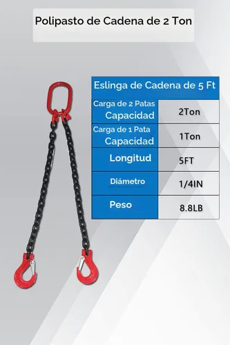 Vista 2 de Cadena de elevación industrial de 1.5 m de alta resistencia, capacidad de 2 toneladas, 6 mm de espesor, con doble pata y ganchos de eslinga
