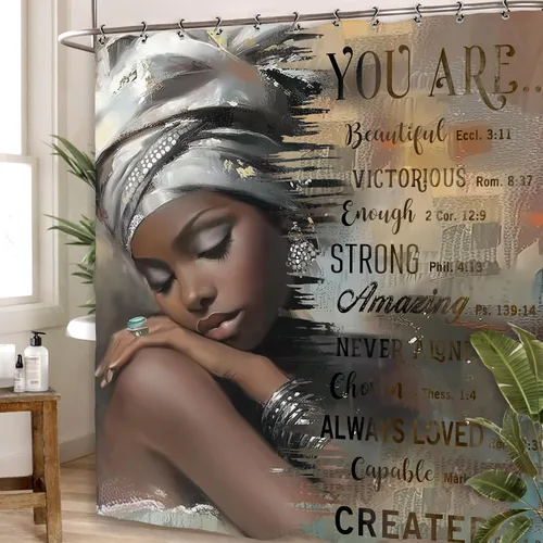 Vista 4 de Cortina de ducha inspiradora afroamericana de 60 pulgadas de ancho por 71 pulgadas de alto, con citas motivacionales positivas de la Biblia, tela