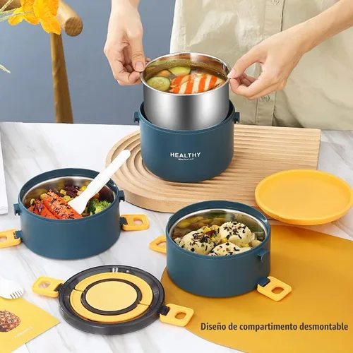 Vista 3 de Topyond Termo para comida caliente, caja Bento apilable, caja de almuerzo de acero inoxidable, contenedor de alimentos aislado de 74.4 fl oz con 3