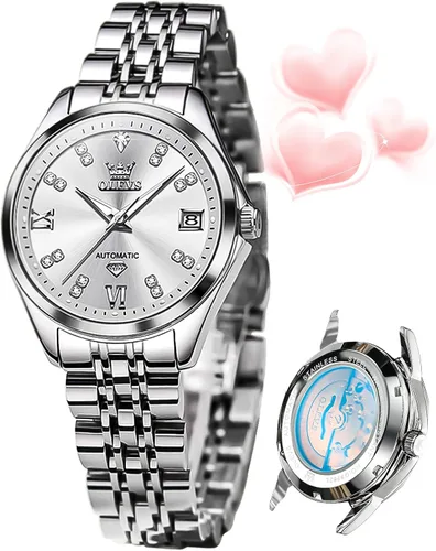 Vista 17 de OLEVS - Reloj automático de lujo para mujer con diamantes, fecha, clásico, de cuerda automática, relojes de pulsera luminosos e impermeables
