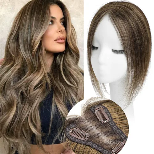 Vista 12 de Aimeolyn Toppers de cabello para mujer, cabello humano real, sin flequillo, extensiones de cabello superior para adelgazar, base de encaje Haisr