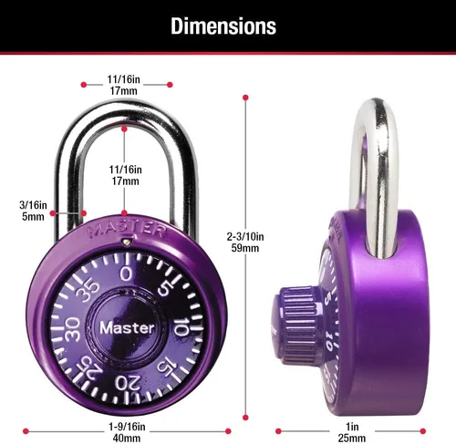 Vista 6 de Master Lock 1533TRI mini candados de combinación en azul, morado y rojo, paquete de 3, Púrpura, 1533TRI