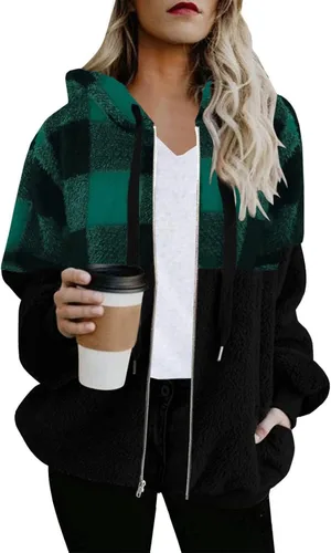 Vista 2 de oelaio Plaid Shacket Jacket Women Zipper Open Long Flannel Shirt Fall Oversized Jackets Casual Shaket Lapel Winter Coats