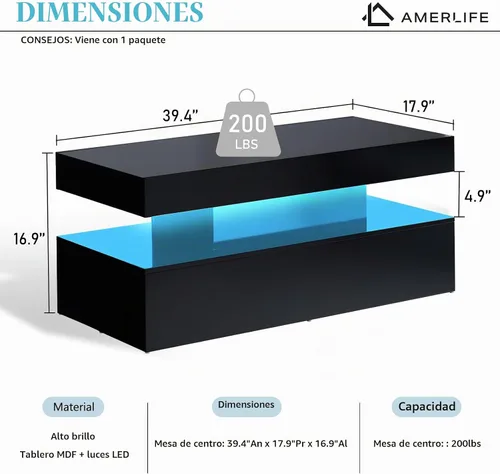 Vista 2 de AMERLIFE Mesa de centro LED de alto brillo de 40 pulgadas con Negro