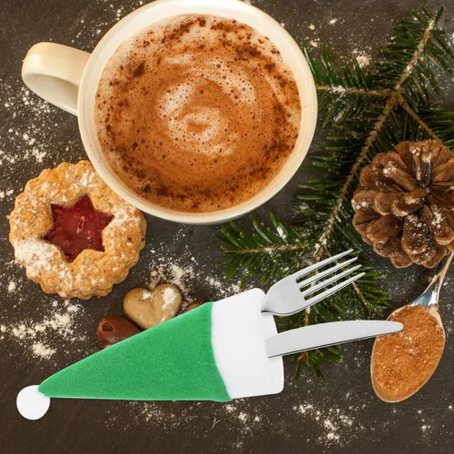 Vista 6 de Angoily 10 piezas de mini sombreros de Papá Noel de Navidad, soportes para cubiertos con bolsillos, tapas de botellas de vino, tapas de piruleta