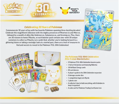 Vista 3 de Pokémon TCG: 30th Celebration Elite Trainer Box (1 tarjeta promocional de arte completo, 9 paquetes de refuerzo y accesorios premium)