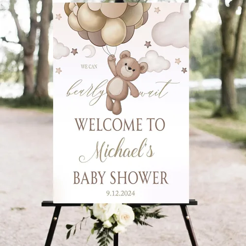 Vista 2 de Cartel de bienvenida de plástico personalizado con texto en inglés «We Can Bearly Wait Brown con texto en inglés «We Can Bearly Wait Brown»