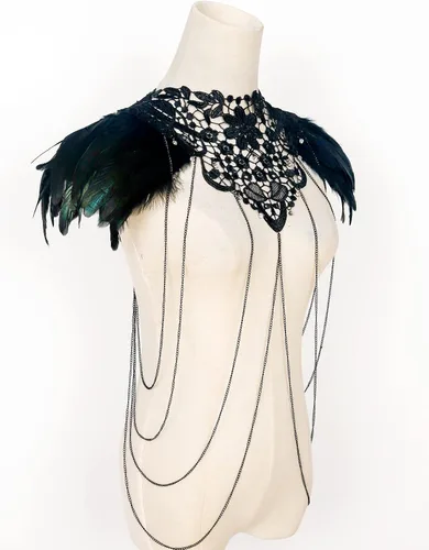 Vista 6 de L'VOW Real Negro Pluma Arnés Collar Collar Collar Babero Halloween