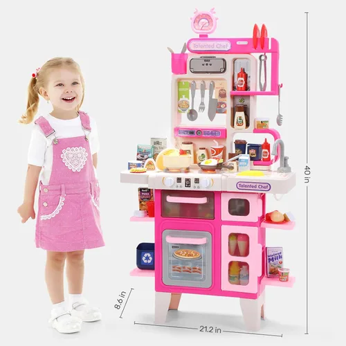 Vista 6 de CUTE STONE Juego de cocina para niños, juego de cocina con sonido y luz, estufa de cocina con vapor, fregadero de juguete, juguete de comida