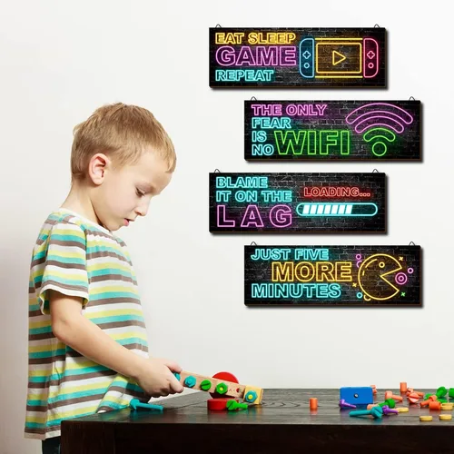 Vista 3 de clothmile 4 piezas de decoración de juegos de neón para la habitación de los niños, arte de pared de videojuegos de madera, cita motivacional