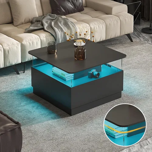 Vista 3 de HedoAjim Mesas de centro cuadradas con almacenamiento, mesa de centro moderna para sala de estar, mesas de centro redondas negras y 2 cajones Negro