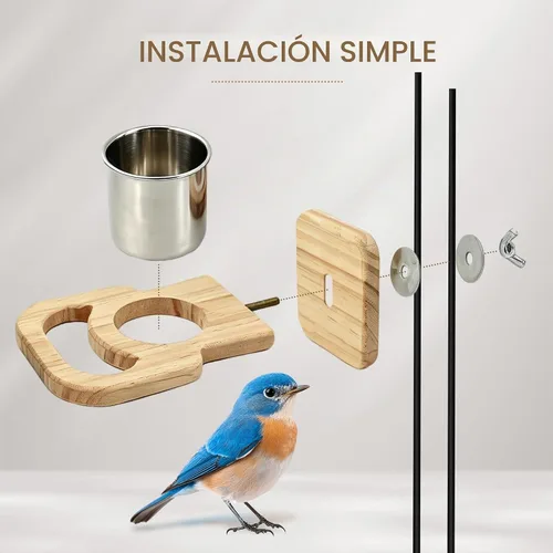 Vista 4 de Taza de alimentación de pájaros con plataforma, cuenco colgante de acero inoxidable para loros, soporte de perca de madera, jaula de pájaros