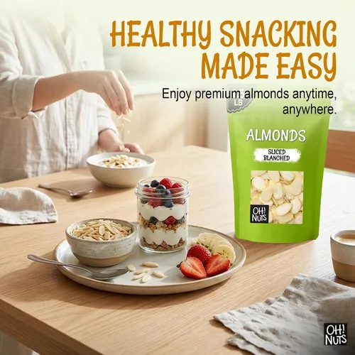 Vista 4 de Oh! Nuts - Almendras crudas en rodajas de 1.5 libras, sin sal, calidad premium Raw almonds sliced - Blanched almond slivers, unsalted almonds