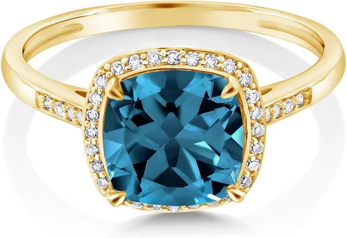 Vista 2 de Gem Stone King Anillo de compromiso de oro amarillo de 10 quilates con topacio azul Londres y diamantes para mujer