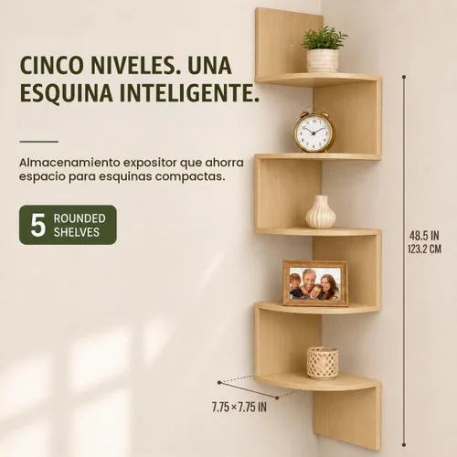 Vista 2 de Estante de esquina Greenco, estantes flotantes de 5 niveles para pared - solución de almacenamiento para decoración de habitaciones para oficinas