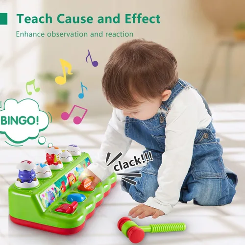 Vista 4 de Juguetes de 1 año para niños y niñas, regalo de cumpleaños, causa y efecto, juguete desplegable de animales con música y luz para niños pequeños