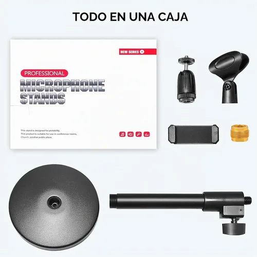 Vista 7 de Soporte de micrófono de escritorio 2 en 1, base redonda de metal mejorada, soporte de micrófono ajustable con clip de micrófono, clip para teléfono