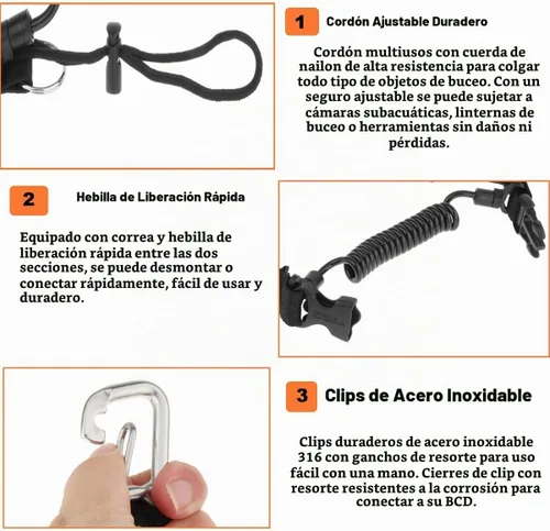 Vista 5 de Cordón de buceo, clip de acero inoxidable con resorte en espiral con correa de cincha, hebilla de liberación rápida, ideal para buceo, linternas
