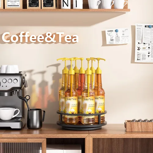 Vista 7 de THYGIFTREE Organizador giratorio de jarabe de café con 7 botellas, soporte de botellas de jarabe de madera para mostrador, soporte para barra