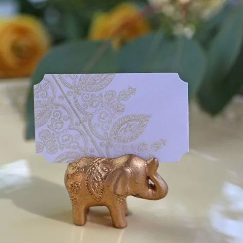 Vista 6 de Kate Aspen Lucky Golden Elephant - Portatarjetas de lugar, soportes para fotos, recuerdos de fiesta, decoraciones de boda india, tarjetas