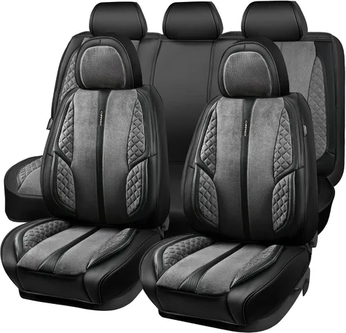 Vista 8 de CAR PASS Juego completo de fundas de cuero de napa para asiento de automóvil, protector impermeable duradero y acolchado, ajuste universal