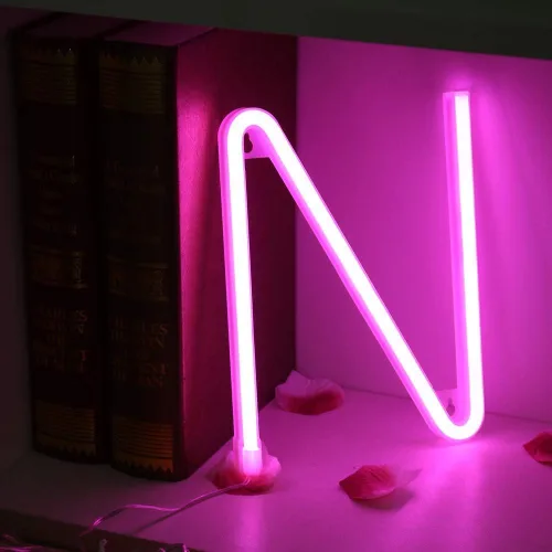 Vista 2 de Letrero de neón, letras de neón, letras del alfabeto de neón iluminadas, letras con luces LED, letras de marquesina iluminadas, batería, USB, rosa
