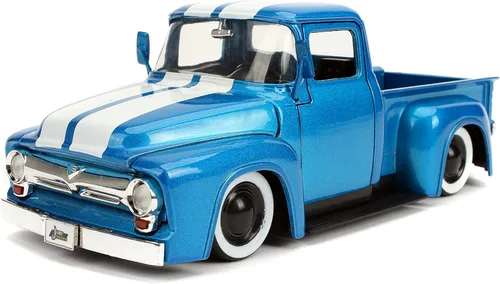Vista 2 de Jada Just Trucks 1:24 1956 Ford F-100 - Coche fundido a presión con rayas azules y blancas con estante para neumáticos, juguetes para niños y adultos