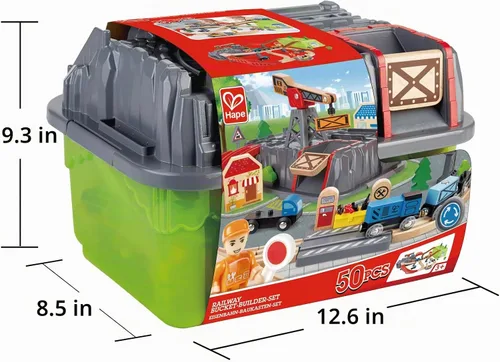 Vista 4 de Hape Conjunto Railway Bucket Builder Juguete de Tren de Madera Multicolor de 50 Piezas, Kit de Construcción para Niños