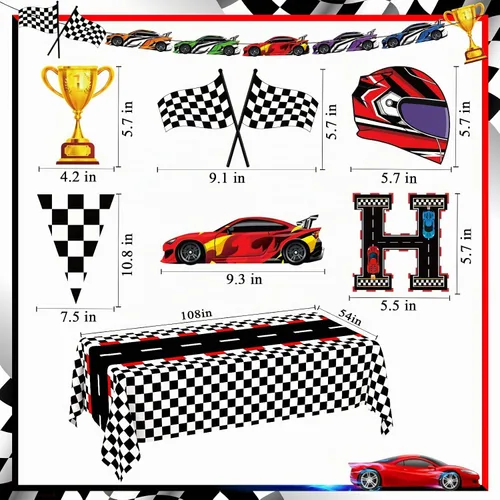 Vista 5 de WNINK Manteles con temática de auto de carreras, cartel de feliz cumpleaños, mantel rectangular de carreras, kit de decoración de fiesta de auto