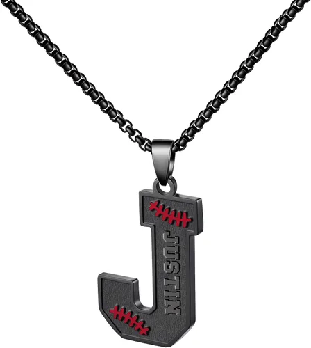 Vista 65 de Ldurian Collar personalizado con nombre de béisbol, cadena negra de acero inoxidable, collar con nombre deportivo, letra A-Z de 24 pulgadas, regalos