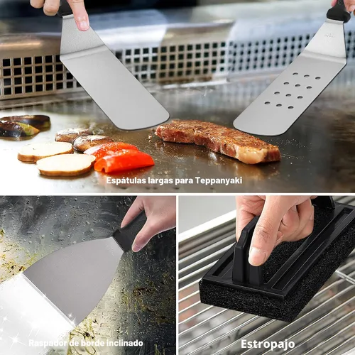 Vista 5 de ROMANTICIST - Juego de 29 piezas de accesorios para parrilla - Juego de espátulas Teppanyaki de parte superior plana con raspador, cubierta