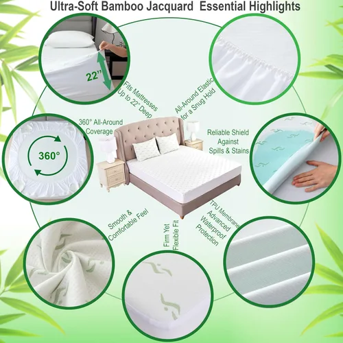 Vista 7 de Protector de colchón impermeable jacquard de bambú de lujo, ultrasuave, transpirable y silencioso, barrera 100% líquida para manchas y derrames