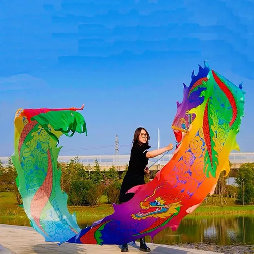 Vista 13 de Juego de Cintas de Dragón 3D Realistas para Ejercicio, Baile al Aire Libre, Lanzamiento de Fitness, Estilo Cuadrado POI Wu Long (5.97m, Fénix Azul)