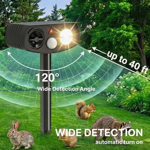 Vista 3 de AWISH Repelente solar ultrasónico de animales, dispositivo disuasorio de animales al aire libre, activado por movimiento, resistente a