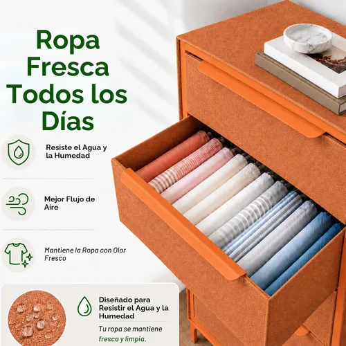 Vista 4 de Tinge Naima - Cómoda de tela premium - Marco de metal resistente, 5 cajones espaciosos a prueba de hundimiento con elegantes asas de metal