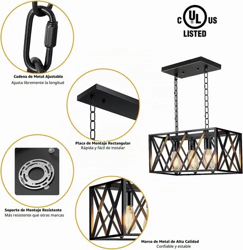 Vista 5 de Pynsseu - Iluminación colgante para isla de cocina industrial, rectangular, estilo vintage rústico, lámpara colgante de 3 luces, para cocinas