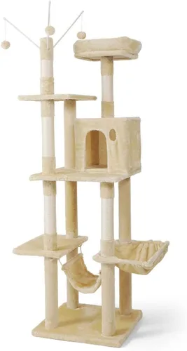 Vista 12 de BOWHAUS Árbol alto para gatos grandes o gatitos de interior, árbol de actividades para gatos de varios niveles con postes rascadores, hamaca