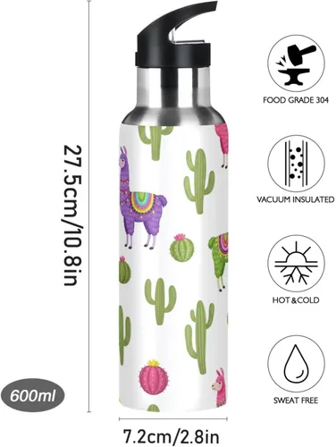 Vista 9 de Insulated Stainless Steel Water Bottle with Straw 20 Oz, Leakproof Water Bottles for Gym Outdoor Travel School, Colorful Llamas Cactus Cute