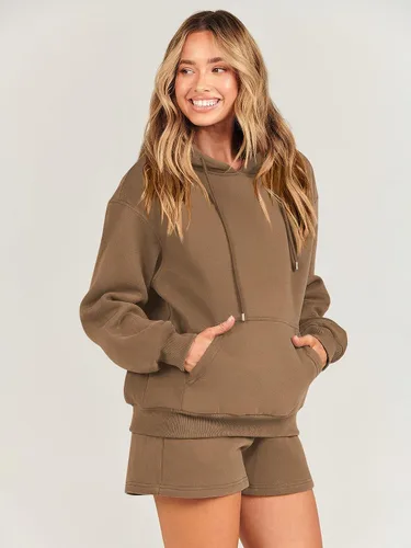 Vista 8 de ANRABESS Conjunto deportivo de 2 piezas para mujer, sudadera con capucha de gran tamaño, conjunto de sudadera corta a juego