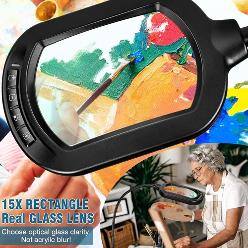 Vista 2 de Lupa grande con luz y soporte, lente de vidrio real óptico rectangular de 10X, lámpara de pie de lupa de cuello de cisne ajustable en altura, 5