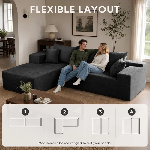 Vista 3 de Sofás seccionales negros para sala de estar, sofá sin estructura rígida con chaise en forma de L, sofá modular en caja con asiento profundo,