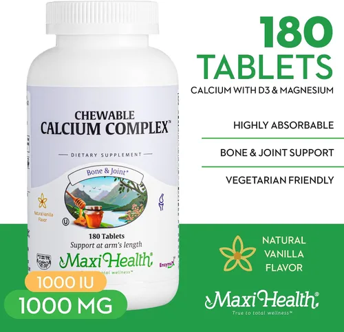 Vista 4 de Maxi Health Complejo de calcio masticable – Sabor vainilla Vitamina D3 y Magnesio Masticables para ayudar a apoyar los huesos – Suplemento Kosher