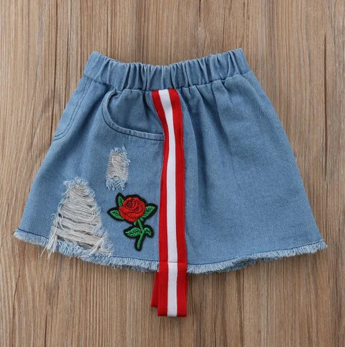 Vista 5 de Conjunto de ropa de camiseta con olor a rosa y faldas de mezclilla para niñas pequeñas
