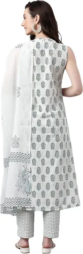 Vista 6 de Janasya Kurta de algodón blanco con estampado floral para mujer india con pantalón y dupatta